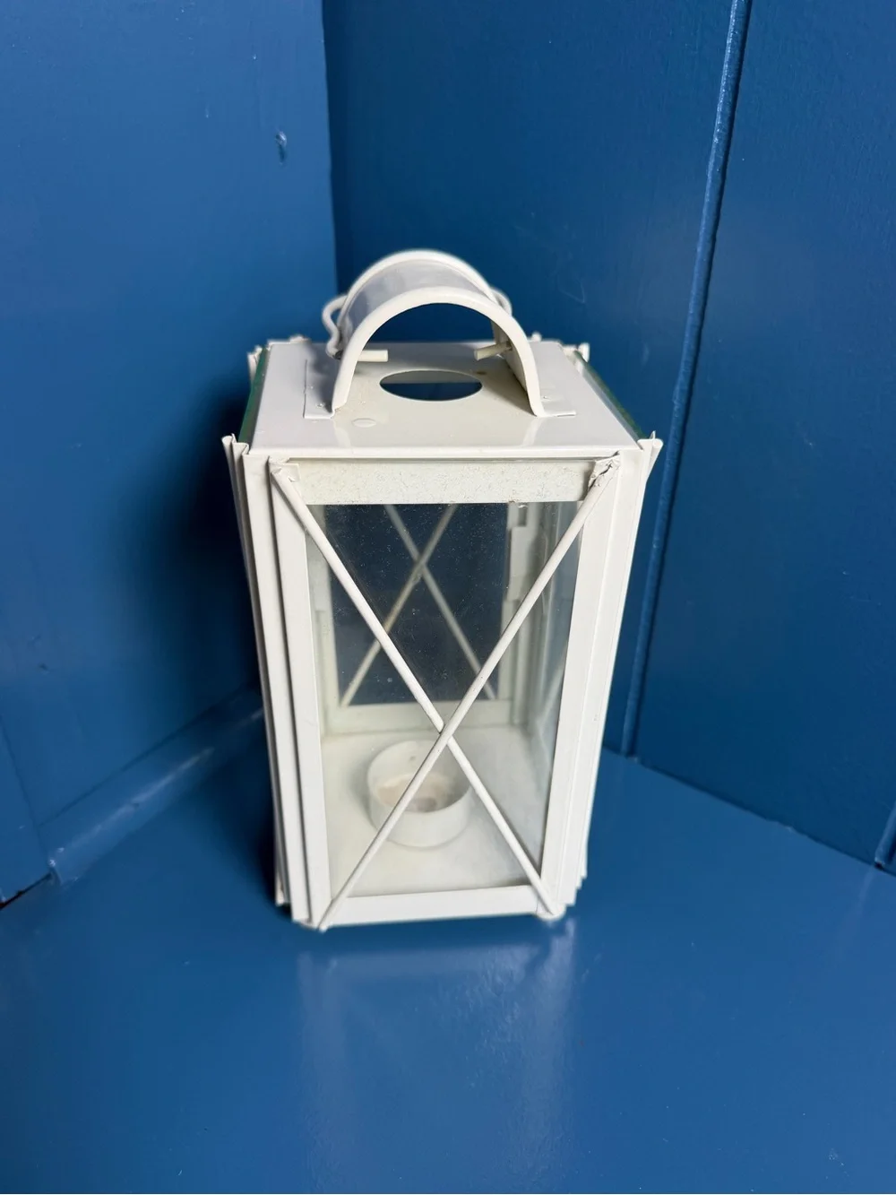 White Metal Tea Light Lantern with Handle - Minimalist Accent